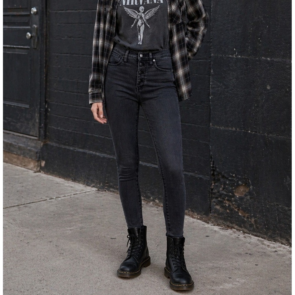 Madewell 10" High Rise Skinny Jeans Womens 27 Black Cotton Button Fly Grunge